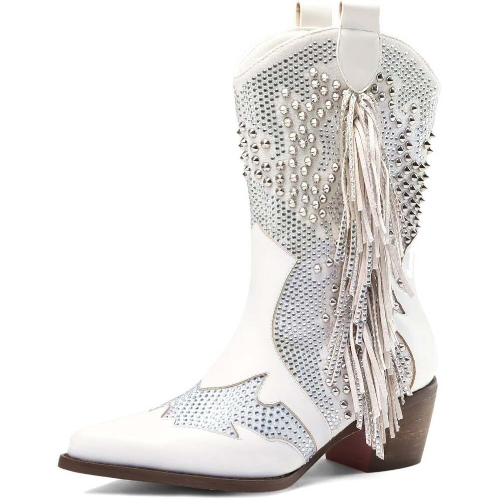 Women's White Pointed Toe Rhinestone Boots Chunky Heel Rivet Western Ankle Boot